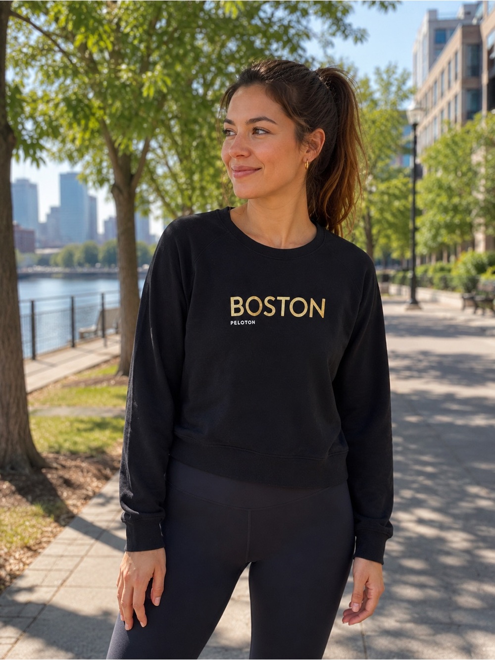 202. Peloton Black Crewneck Sweatshirt with Gold Boston Logo